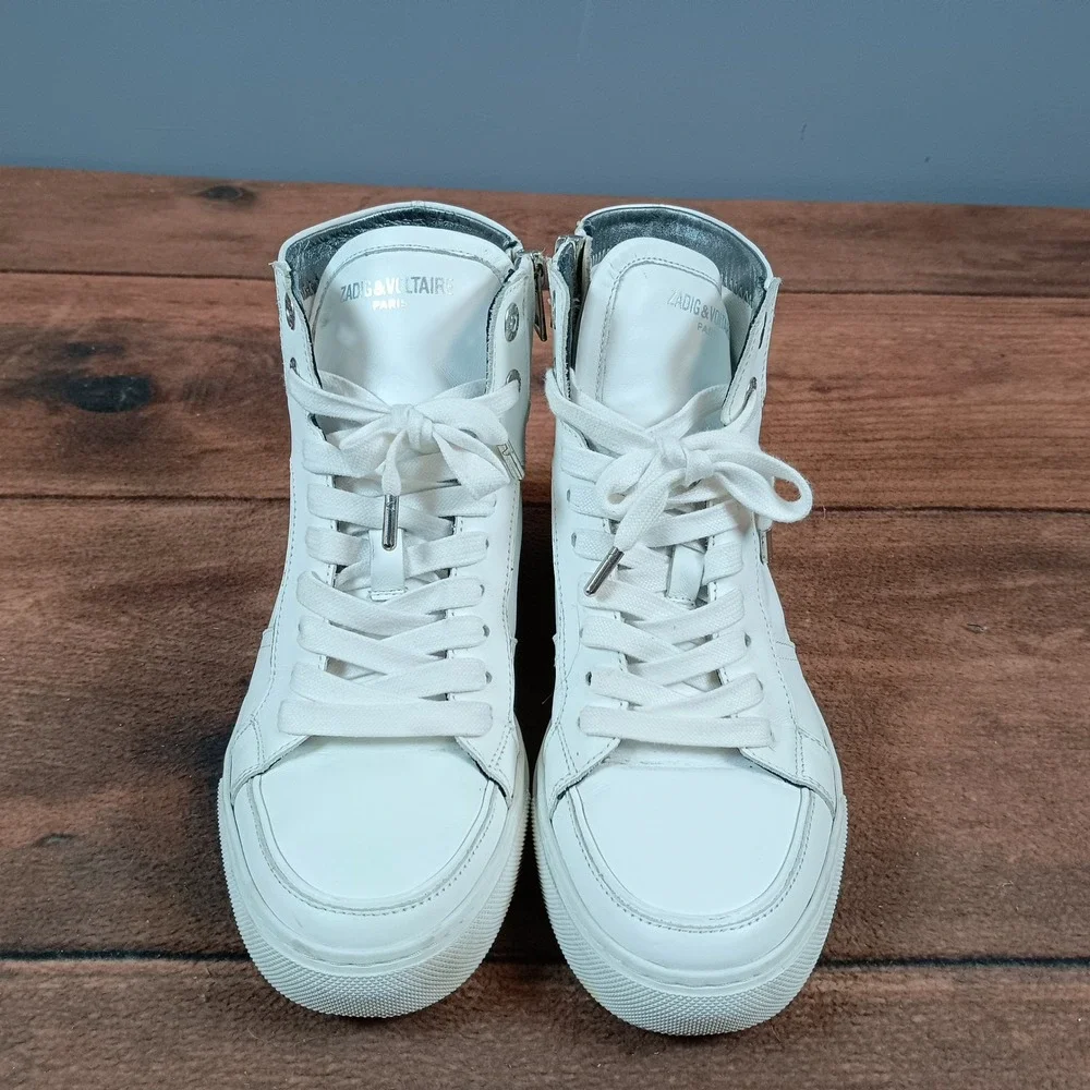 Zadig & Voltaire Paris White Leather High Top Sneakers Zip Lightning Bolt size37